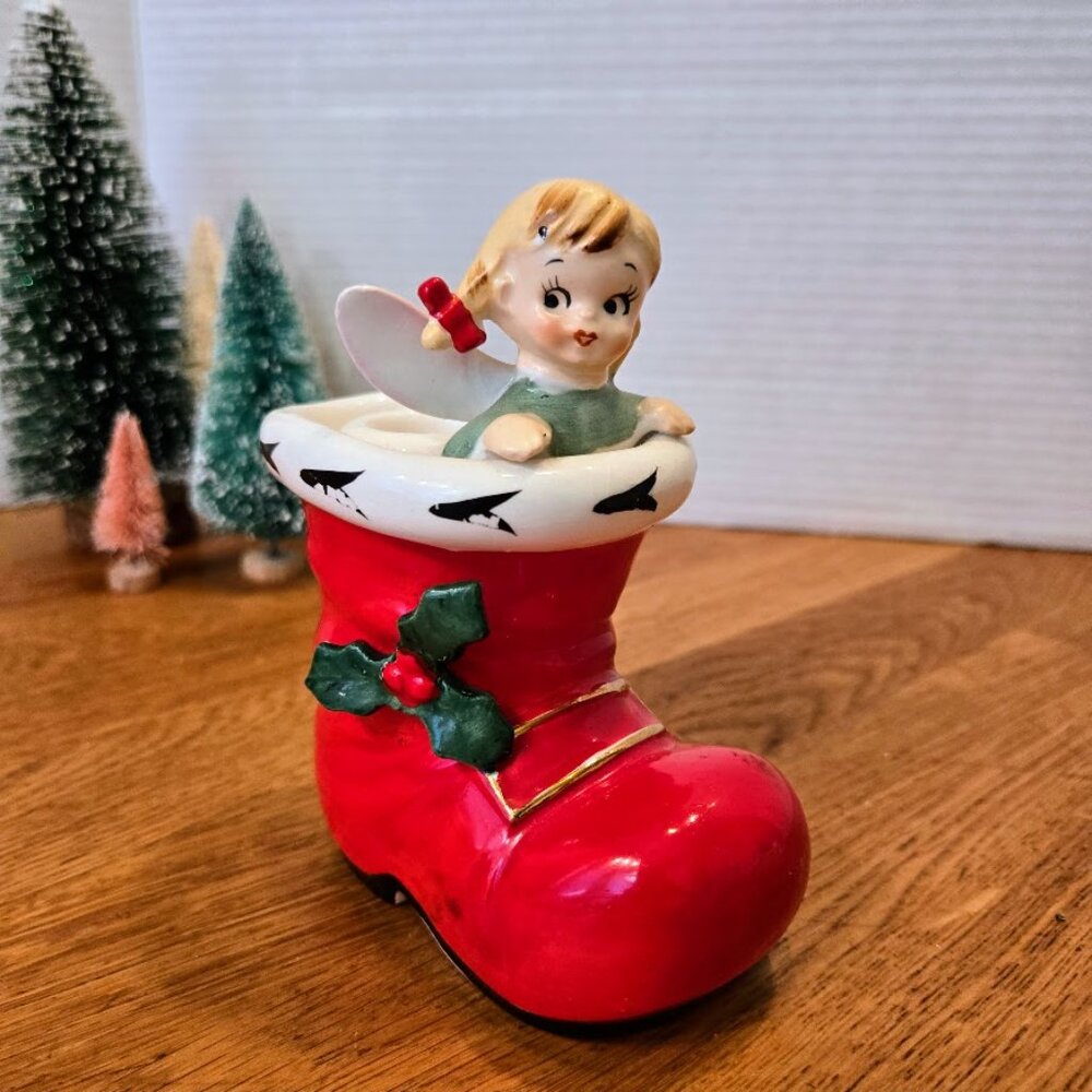 Rare Vintage Lefton Angel in Santa Boot Candleholder 1906 Japan Christmas Figure